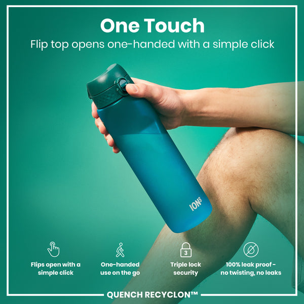 A teal water bottle stands upright against a white background. The bottle has measurement markings and the logo "ION8".