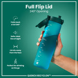 A teal water bottle stands upright against a white background. The bottle has measurement markings and the logo 