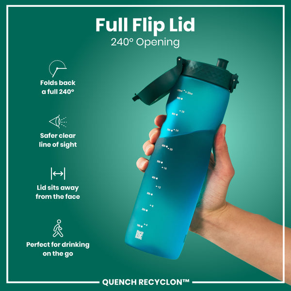 A teal water bottle stands upright against a white background. The bottle has measurement markings and the logo "ION8".