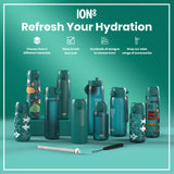 A teal water bottle stands upright against a white background. The bottle has measurement markings and the logo 