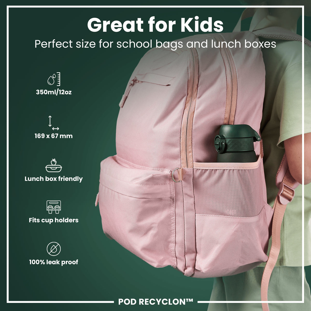 Botella de agua antifugas para niños, Recyclon, Verde oscuro, 350ml (12oz)