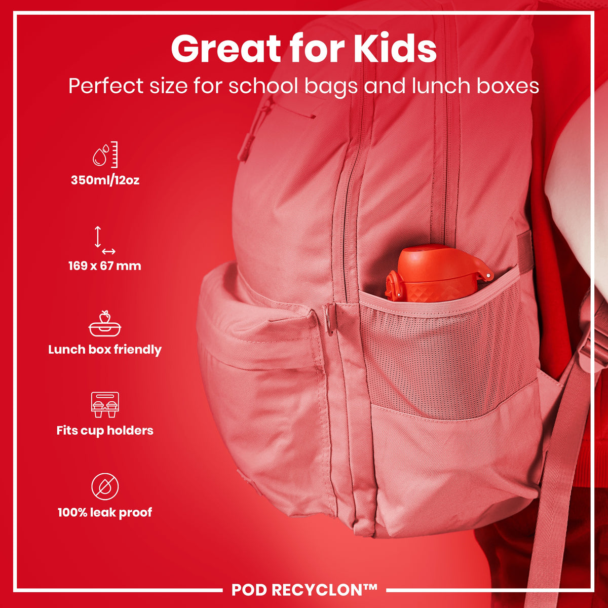 Botella de agua para niños antifugas, Recyclon, Roja, 350ml (12oz)