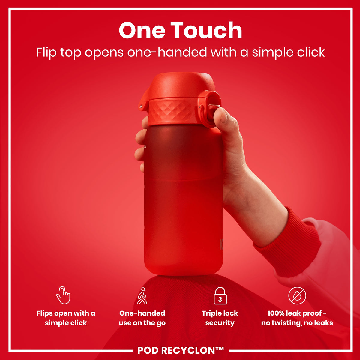 Botella de agua para niños antifugas, Recyclon, Roja, 350ml (12oz)