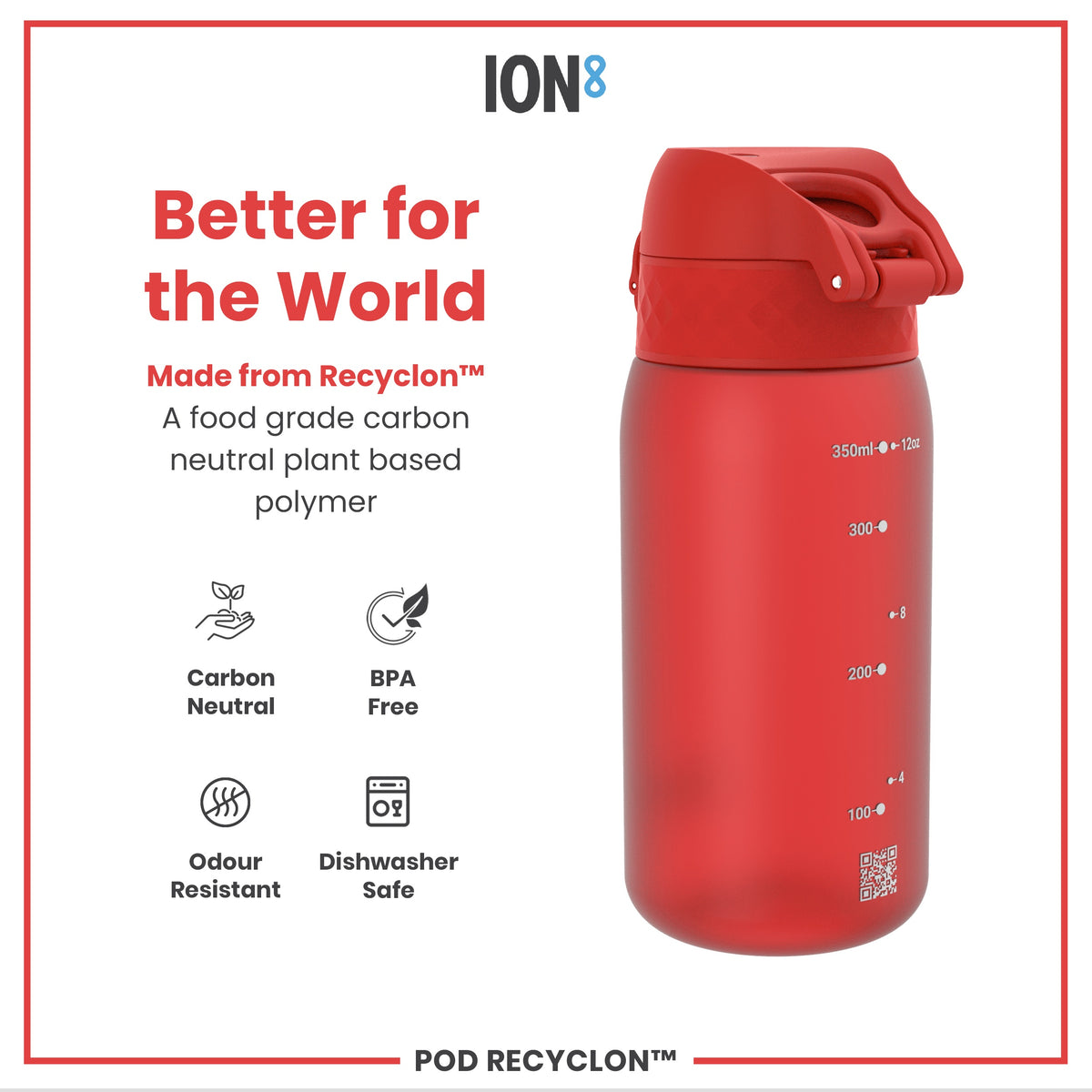 Botella de agua para niños antifugas, Recyclon, Roja, 350ml (12oz)
