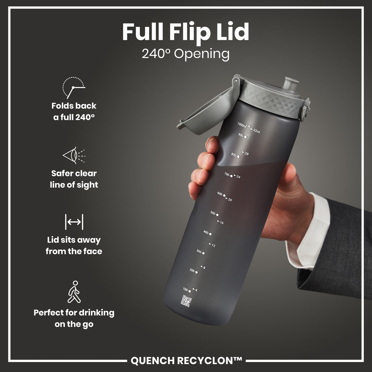 Botella de agua antifugas de 1 litro, Recyclon, gris, 1 L