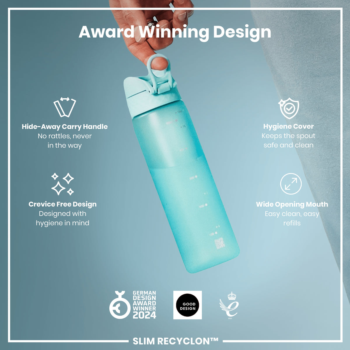 Botella de agua estrecha, antifugas, Recyclon, azul sónico, 500ml (18oz)