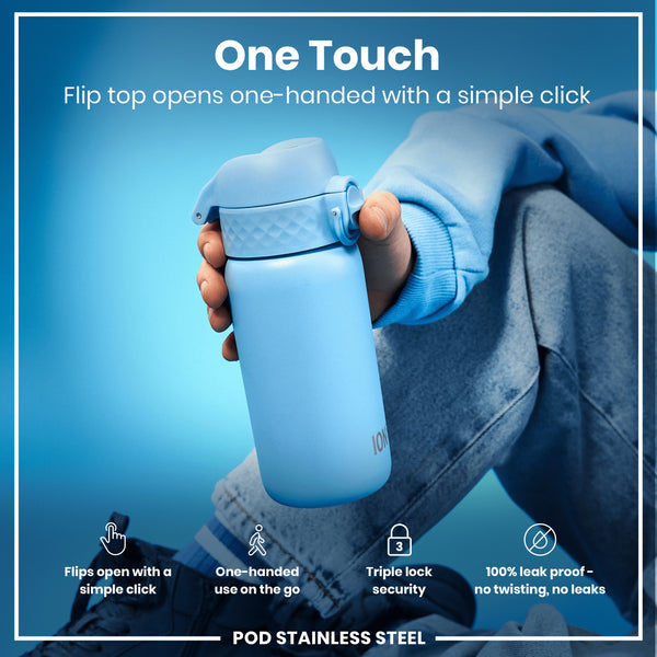 A light-blue water bottle stands upright against a white background. The bottle features a carrying handle and the logo "ION8".