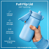 A light-blue water bottle stands upright against a white background. The bottle features a carrying handle and the logo 
