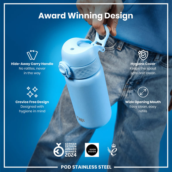 A light-blue water bottle stands upright against a white background. The bottle features a carrying handle and the logo "ION8".