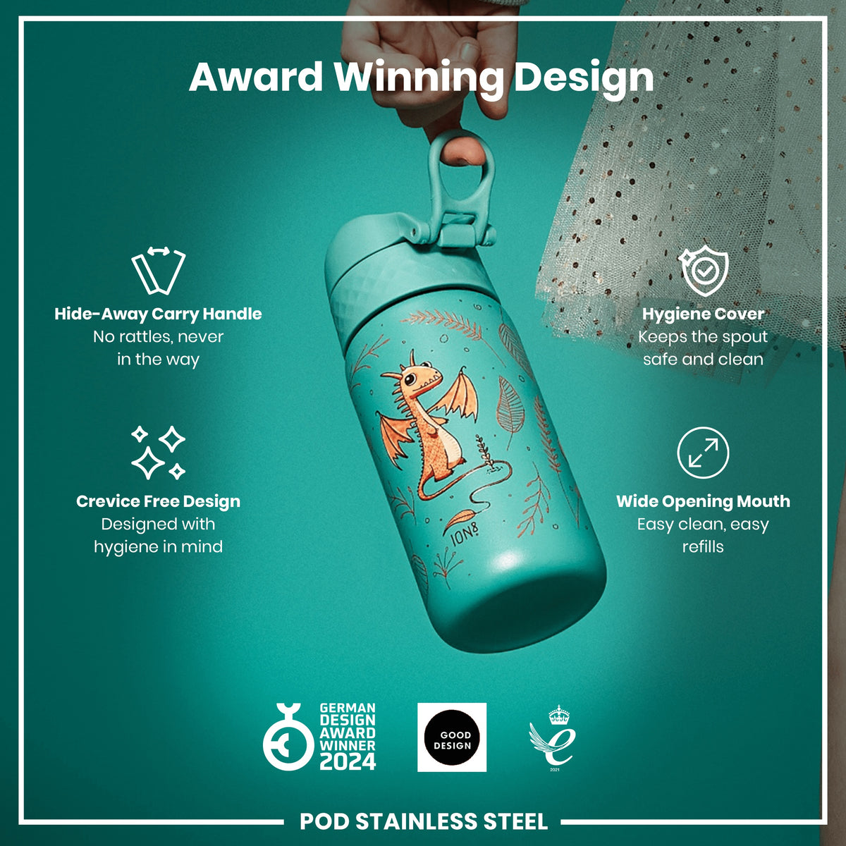 Botella de agua antifugas para niños, acero inoxidable, de huevo a dragón, 400 ml (13 oz)