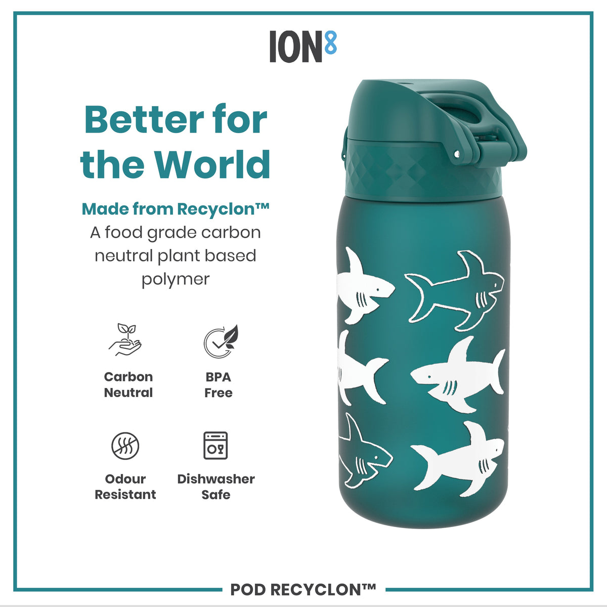 A teal water bottle, featuring a hinged lid and shark illustrations, sits against a white background. It's made from a plant-based polymer, is BPA-free, odour-resistant, and dishwasher safe. The bottle is advertised as "Better for the World."
