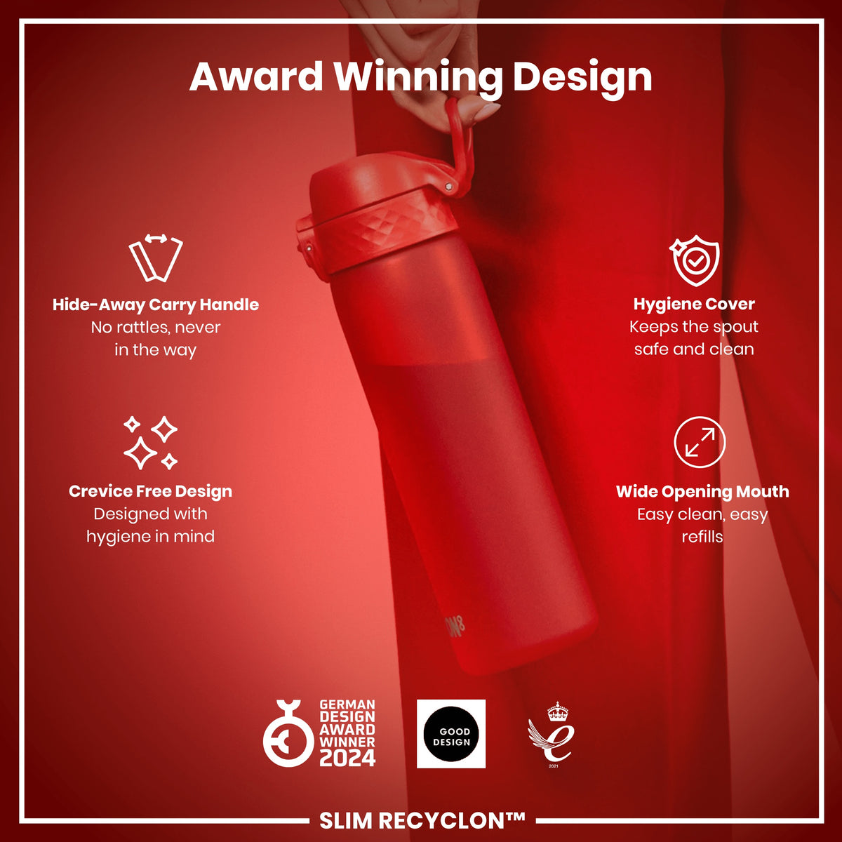 Botella de agua estrecha antifugas, Recyclon, Roja, 500ml (18oz)