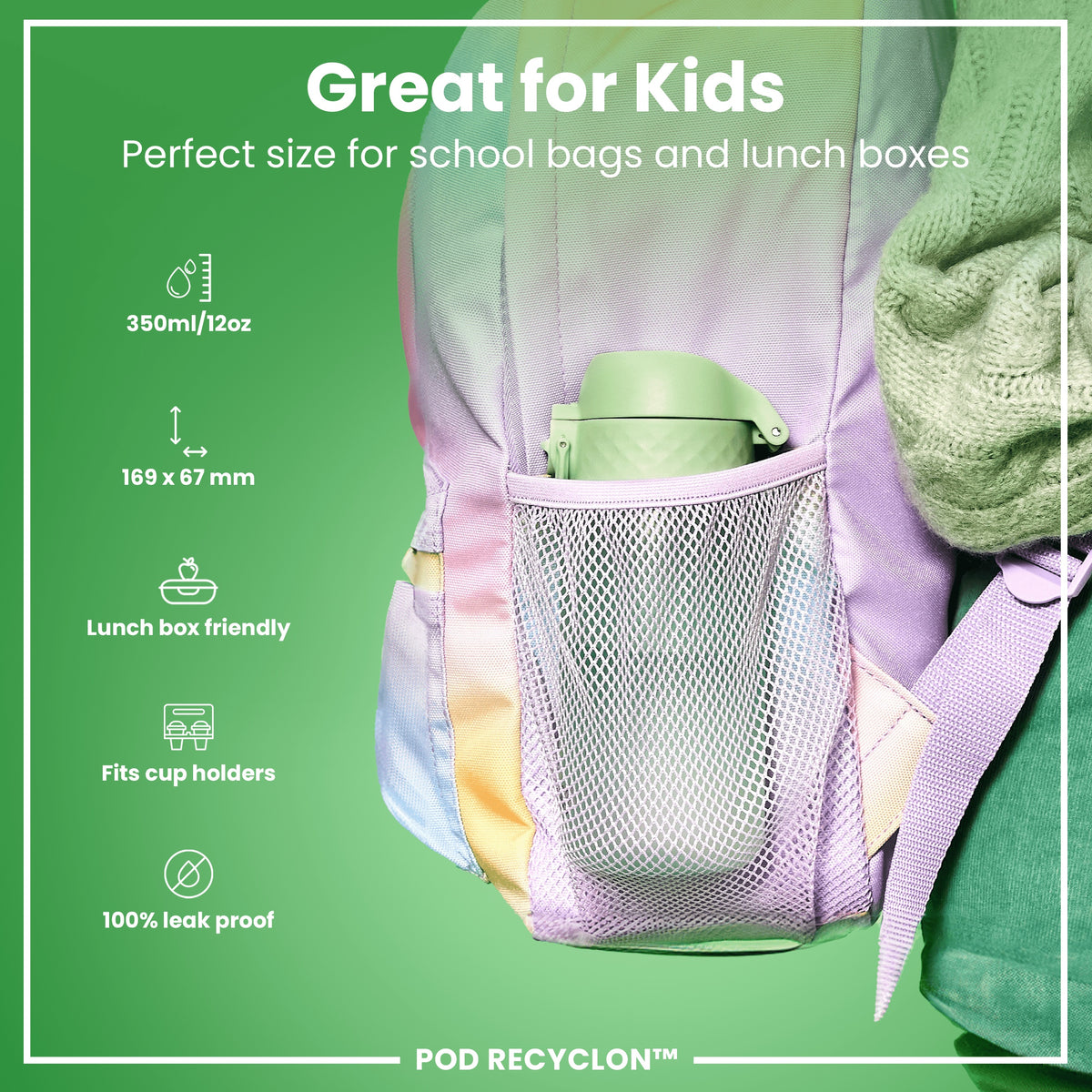 Botella de agua antifugas para niños, Recyclon, Verde Surf, 350ml (12oz)