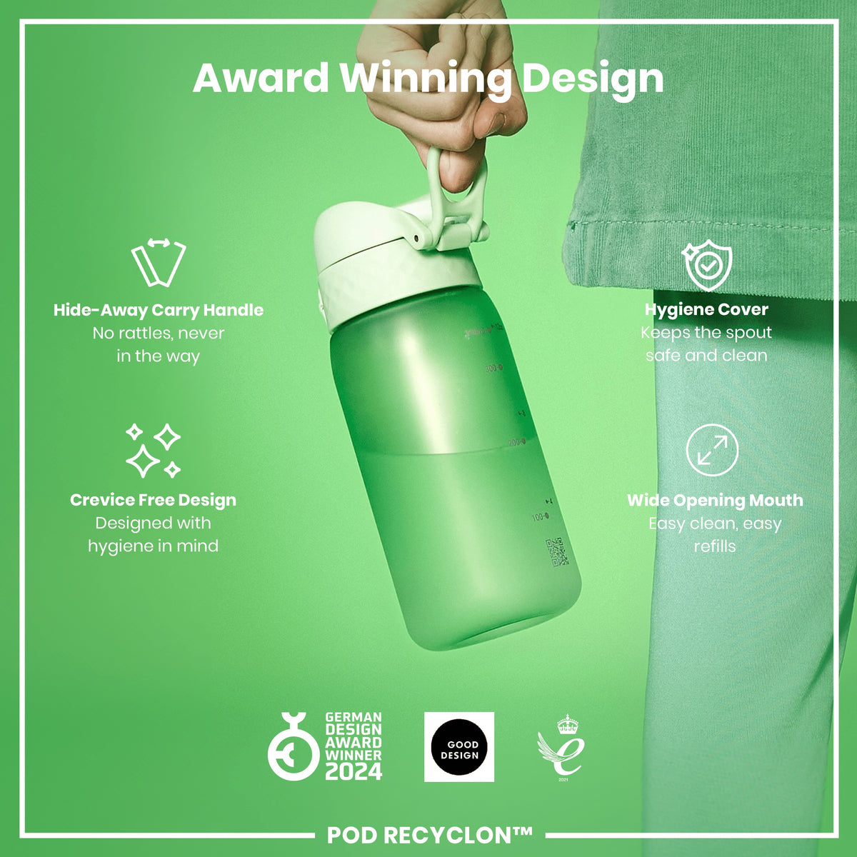 Botella de agua antifugas para niños, Recyclon, Verde Surf, 350ml (12oz)