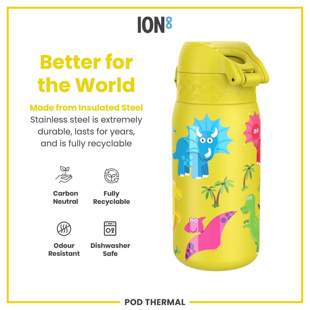 Leak Proof Thermal Steel Water Bottle, Insulated, Dinosaurs, 320ml (11oz)