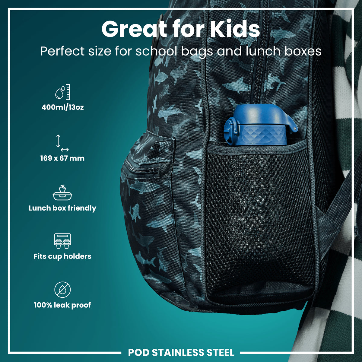 Botella de Agua Antifugas para Niños, Acero Inoxidable, Espacio, 400ml (13oz)