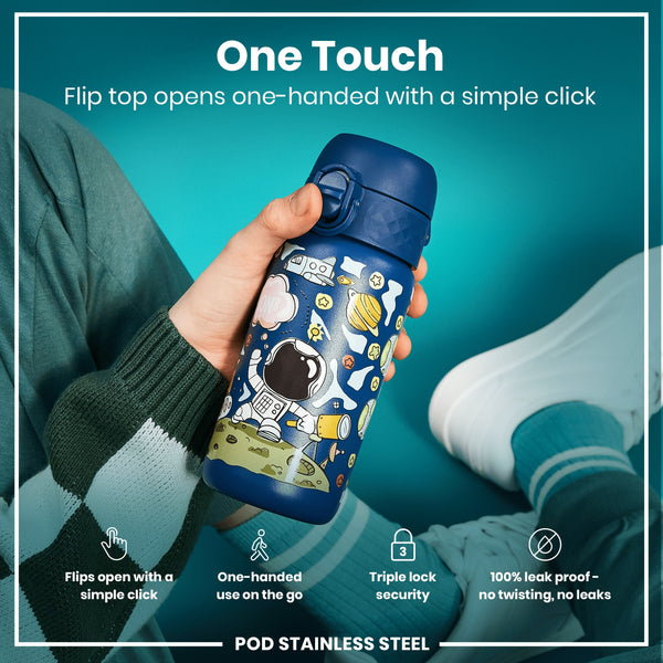 Botella de Agua Antifugas para Niños, Acero Inoxidable, Espacio, 400ml (13oz)