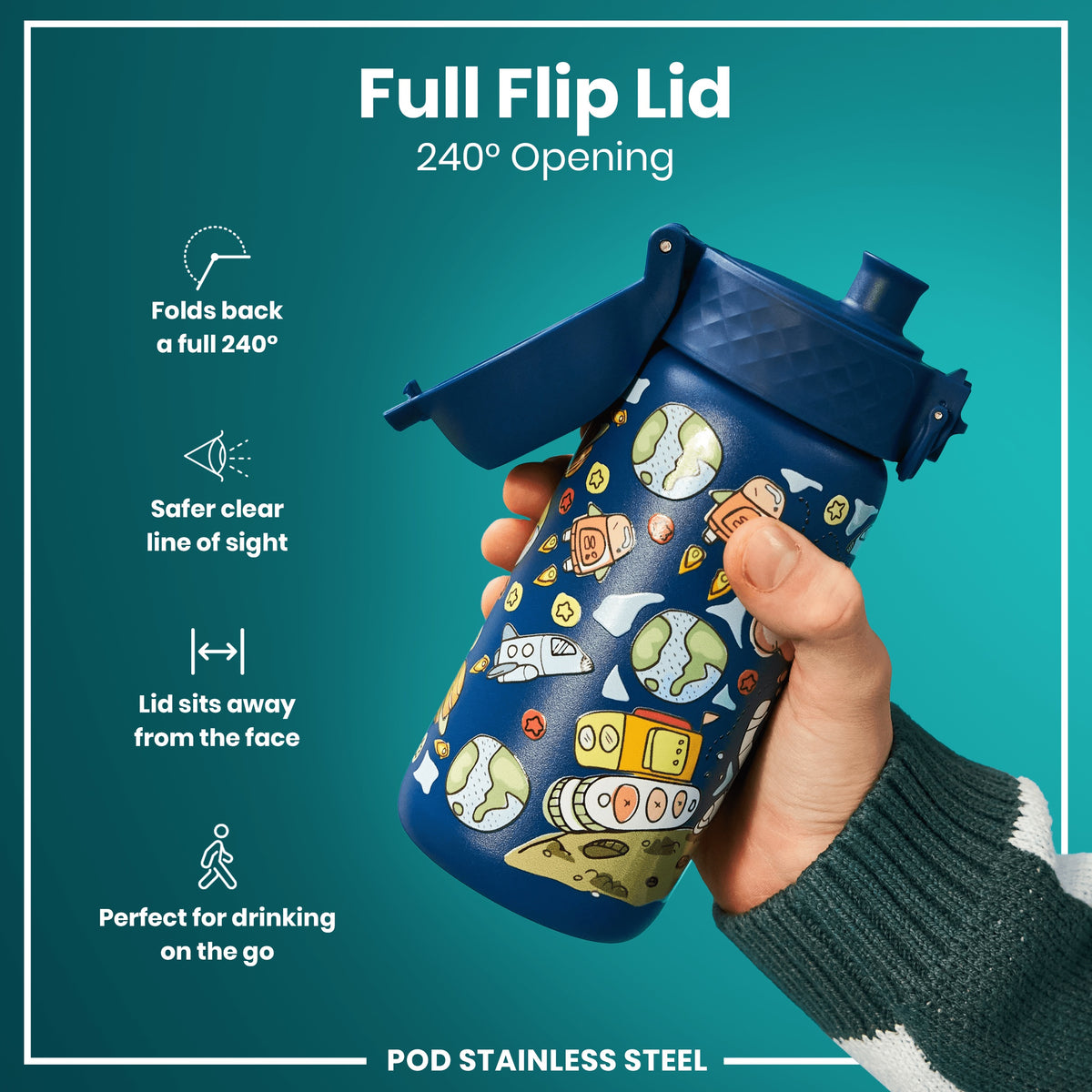 Botella de Agua Antifugas para Niños, Acero Inoxidable, Espacio, 400ml (13oz)