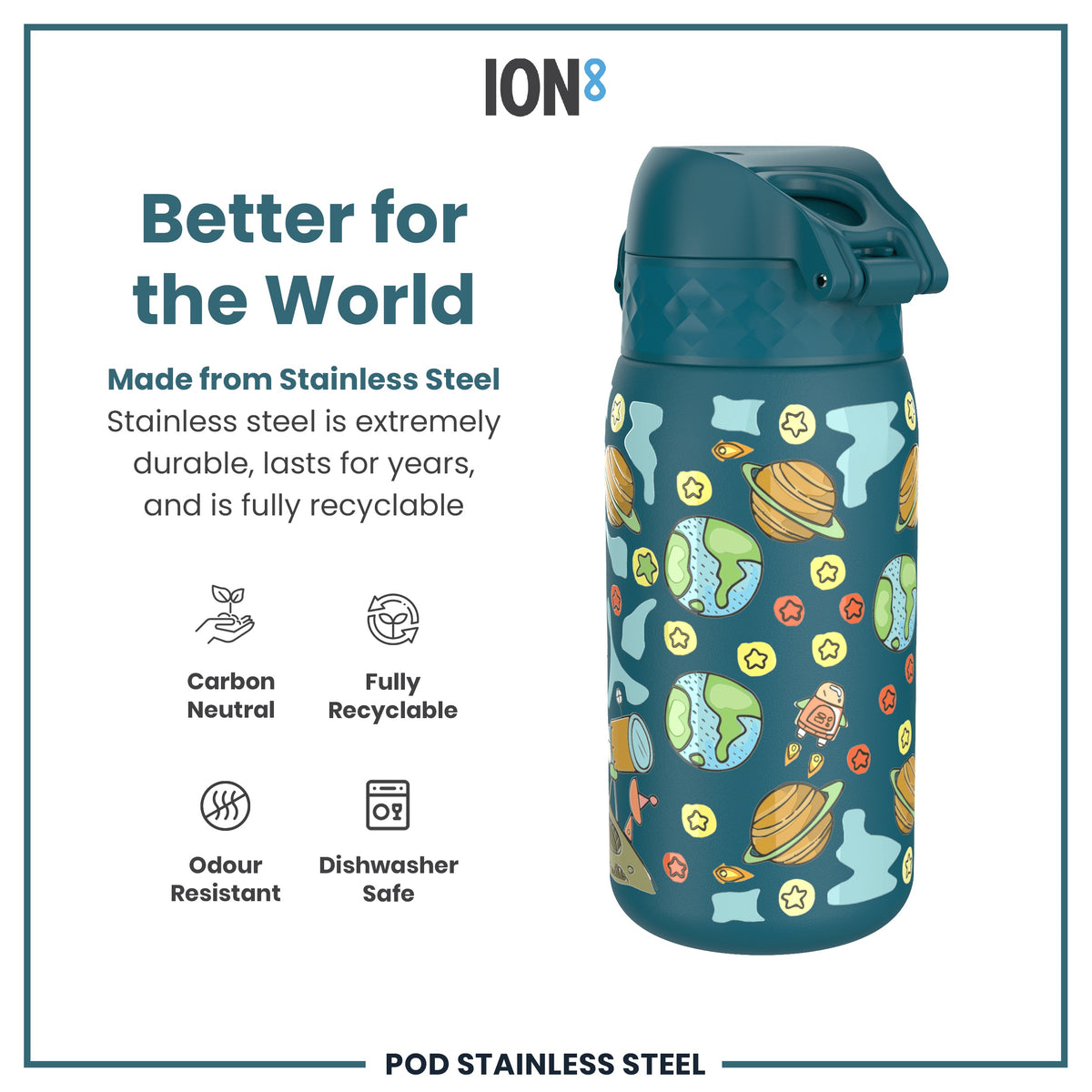 Botella de Agua Antifugas para Niños, Acero Inoxidable, Espacio, 400ml (13oz)