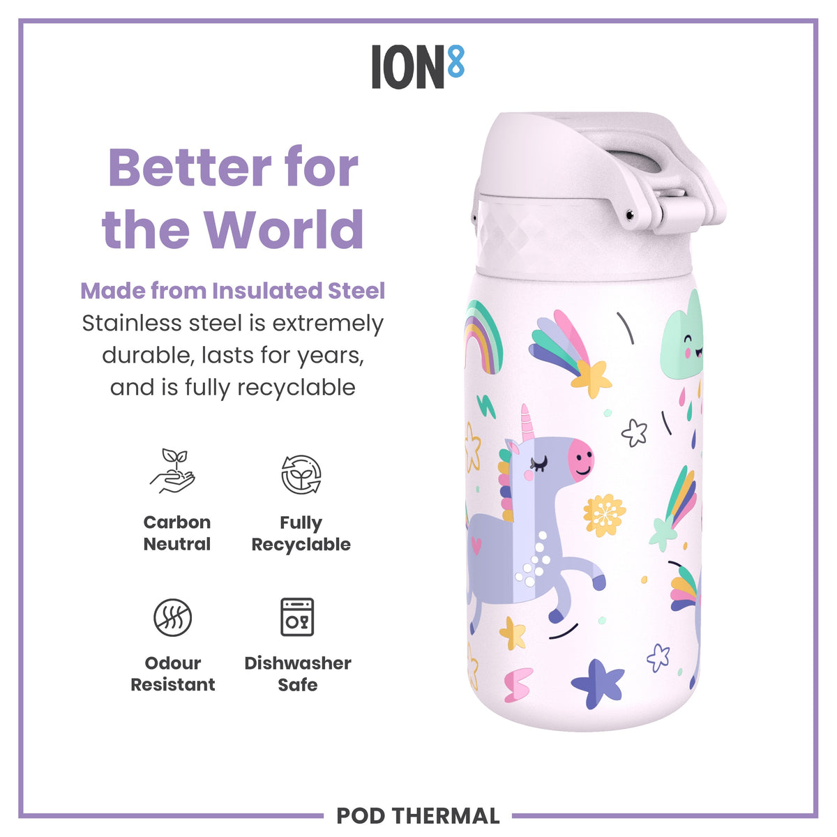 Botella de agua térmica de acero antifugas, acero inoxidable con aislamiento, unicornios, 320 ml (11 oz)