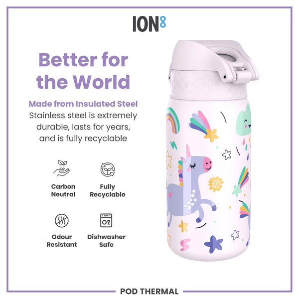 Botella de agua térmica de acero antifugas, acero inoxidable con aislamiento, unicornios, 320 ml (11 oz)