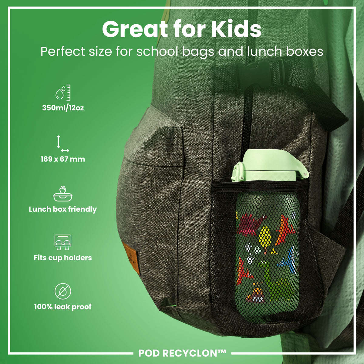 Botella de agua antifugas para niños, Recyclon, Dinosaurio, 350ml (12oz)