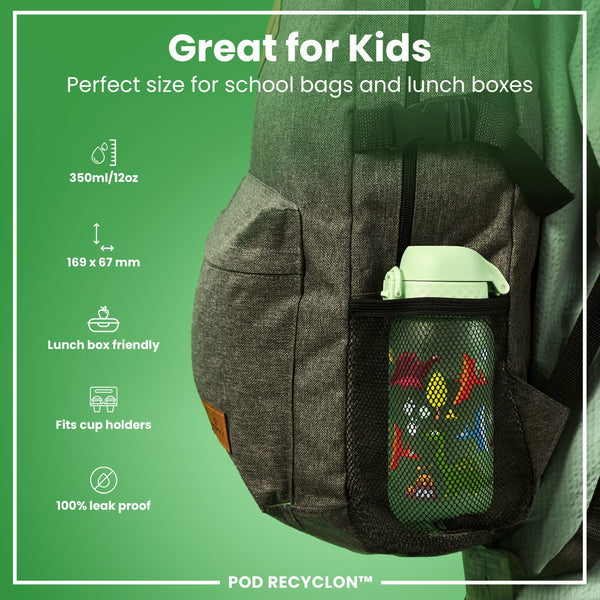 Botella de agua antifugas para niños, Recyclon, Dinosaurio, 350ml (12oz)