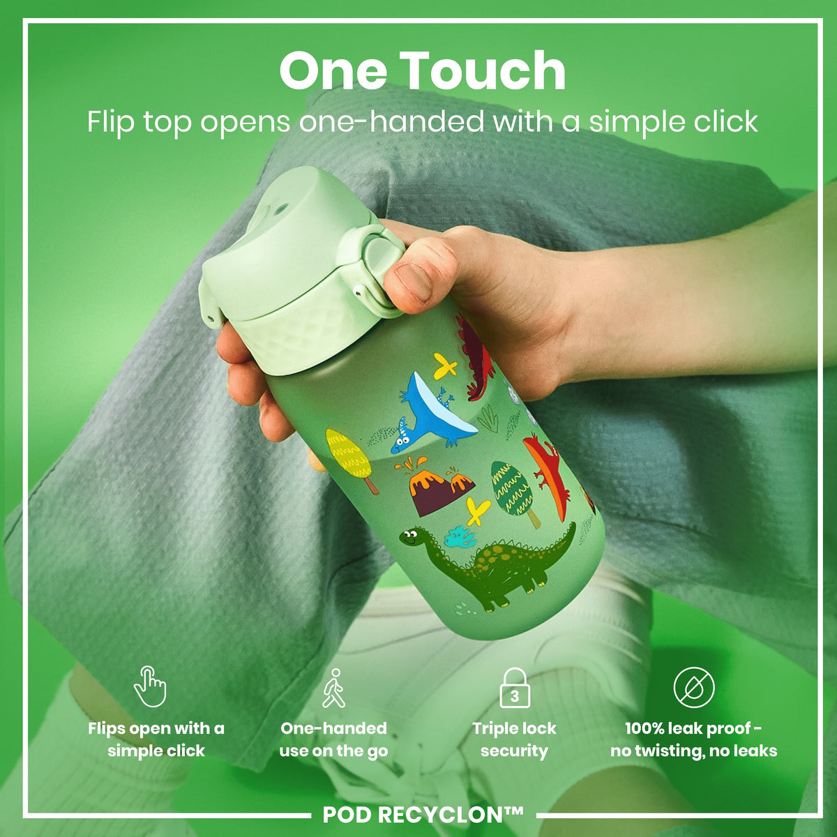 Botella de agua antifugas para niños, Recyclon, Dinosaurio, 350ml (12oz)