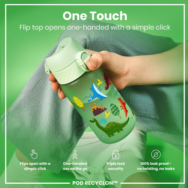 Botella de agua antifugas para niños, Recyclon, Dinosaurio, 350ml (12oz)