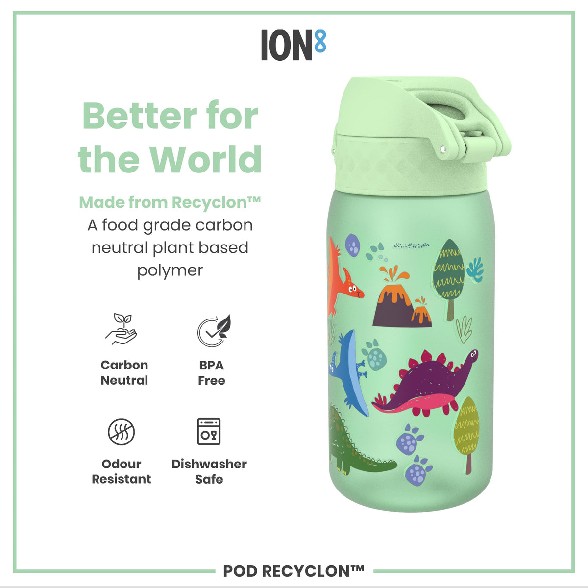 Botella de agua antifugas para niños, Recyclon, Dinosaurio, 350ml (12oz)