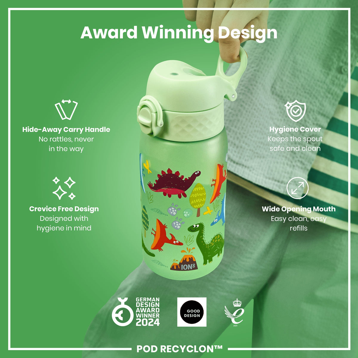 Botella de agua antifugas para niños, Recyclon, Dinosaurio, 350ml (12oz)