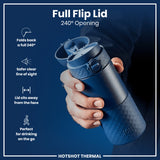 A dark-gray ION8 water bottle stands upright against a white background. Its textured base and lid feature a geometric pattern.