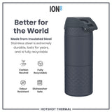 A dark-gray ION8 water bottle stands upright against a white background. Its textured base and lid feature a geometric pattern.