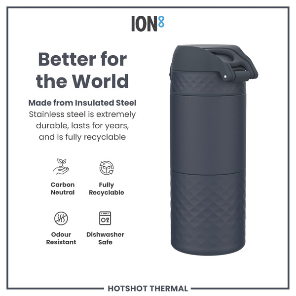 A dark-gray ION8 water bottle stands upright against a white background. Its textured base and lid feature a geometric pattern.
