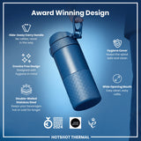 A dark-gray ION8 water bottle stands upright against a white background. Its textured base and lid feature a geometric pattern.