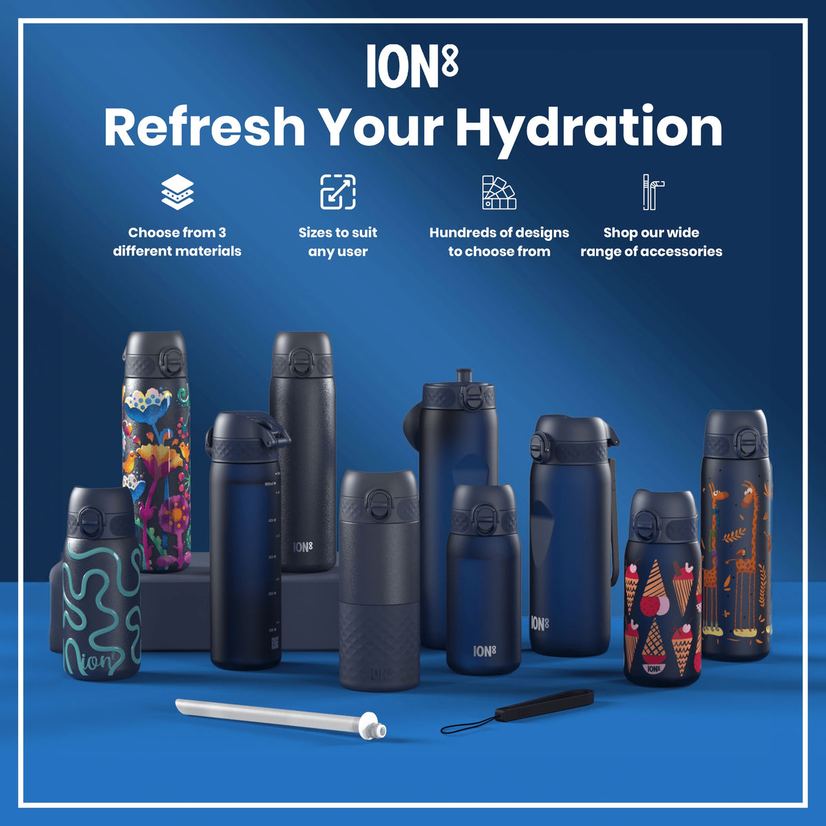 A dark-gray ION8 water bottle stands upright against a white background. Its textured base and lid feature a geometric pattern.