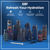 A dark-gray ION8 water bottle stands upright against a white background. Its textured base and lid feature a geometric pattern.
