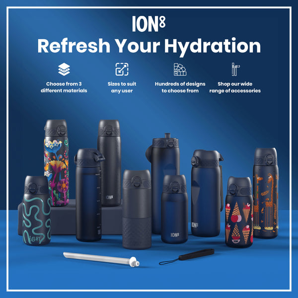 A dark-gray ION8 water bottle stands upright against a white background. Its textured base and lid feature a geometric pattern.