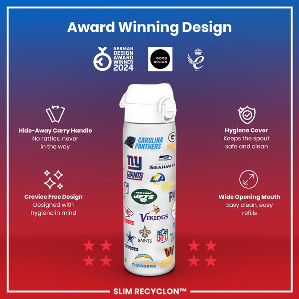 A black water bottle, adorned with various NFL team logos, stands against a white background.