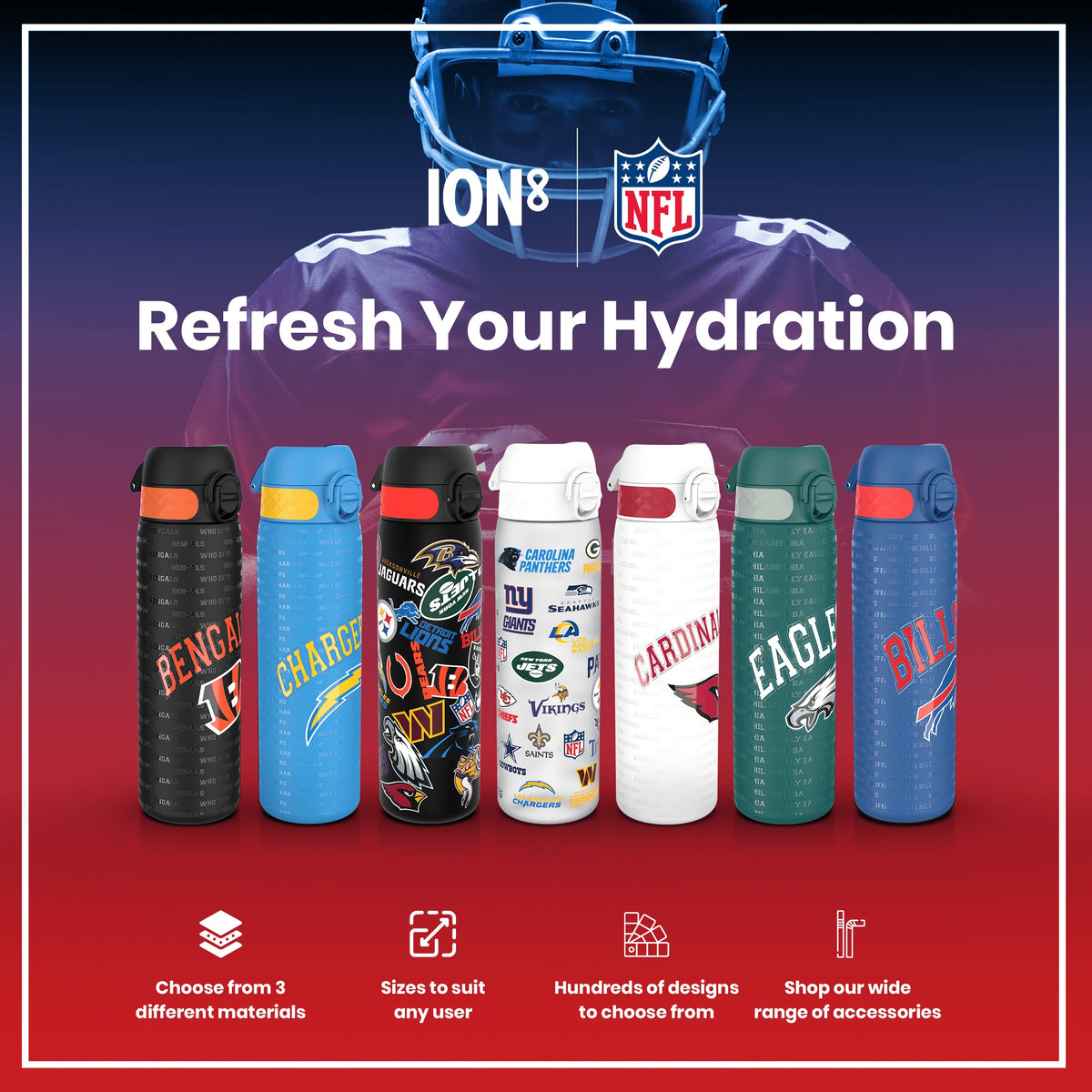 A black water bottle, adorned with various NFL team logos, stands against a white background.