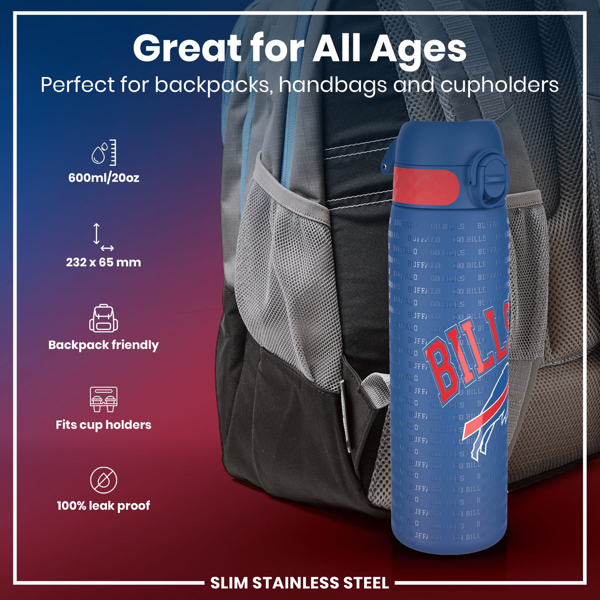 Botella de Agua NFL Antifugas, Acero Inoxidable, Buffalo Bills, 600ml (20oz)