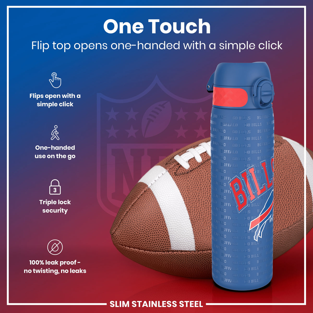 Botella de Agua NFL Antifugas, Acero Inoxidable, Buffalo Bills, 600ml (20oz)