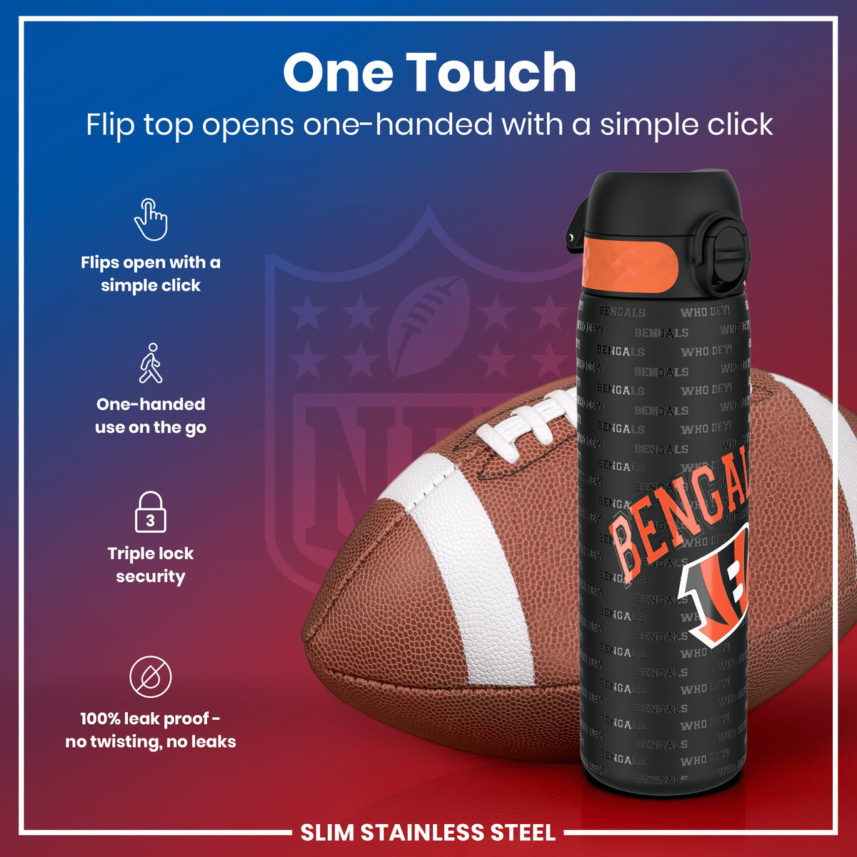 Botella de agua NFL antifugas, acero inoxidable, Cincinnati Bengals, 600ml (20oz)