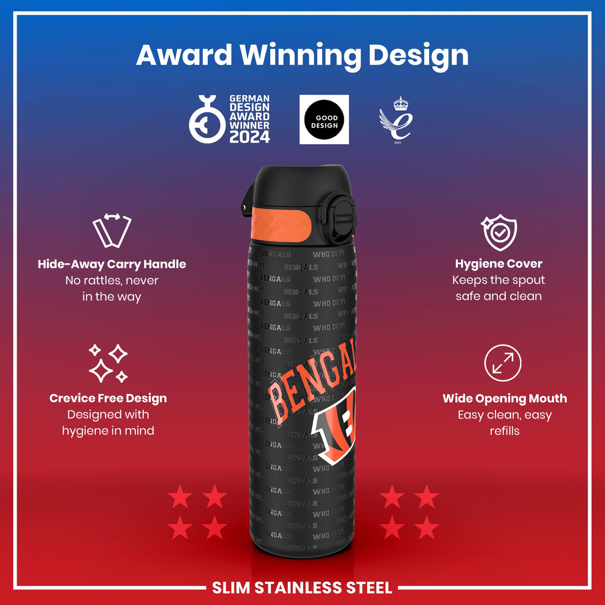 Botella de agua NFL antifugas, acero inoxidable, Cincinnati Bengals, 600ml (20oz)