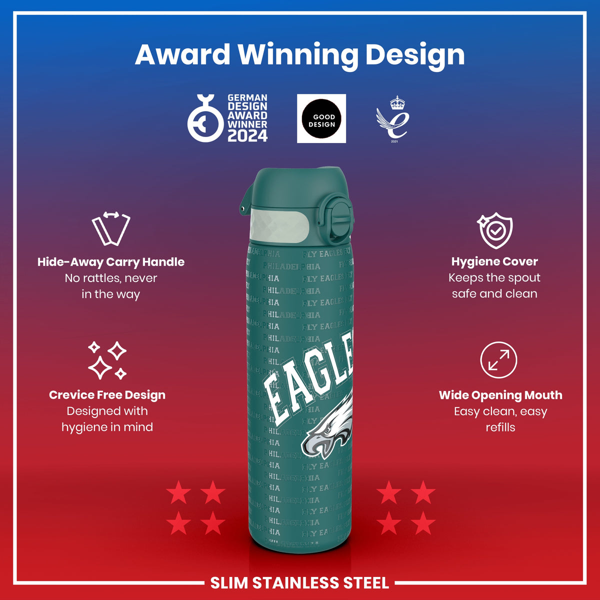 Leak Proof NFL Water Bottle, Stainless Steel, Philadelphia Eagles, 600ml (20oz)