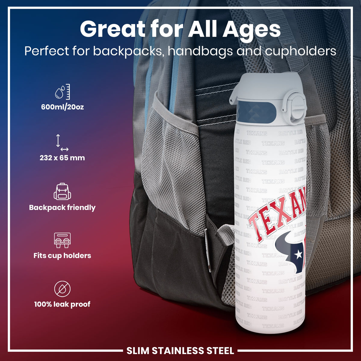 Botella de agua NFL antifugas, acero inoxidable, Houston Texans, 600 ml (20 oz)