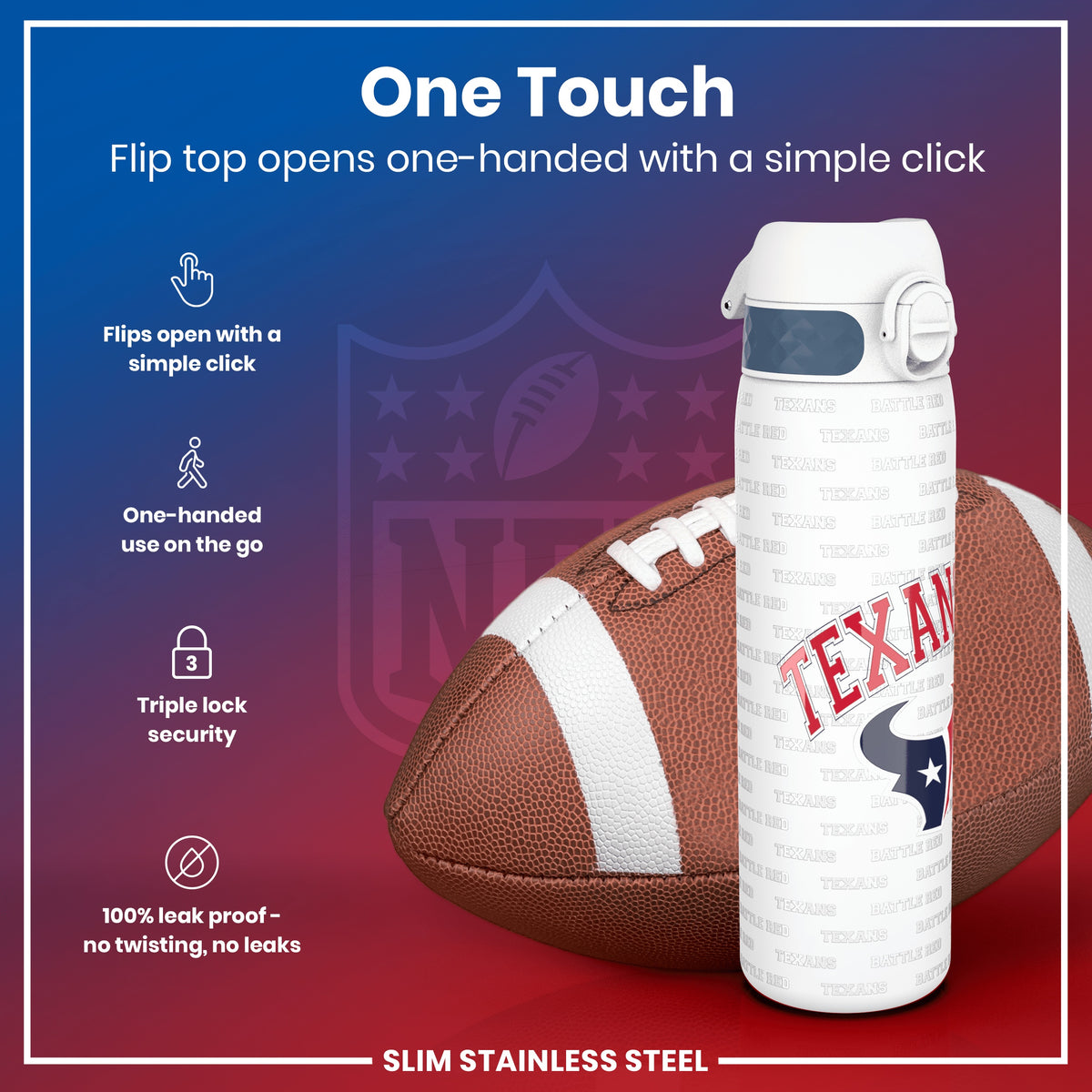 Botella de agua NFL antifugas, acero inoxidable, Houston Texans, 600 ml (20 oz)