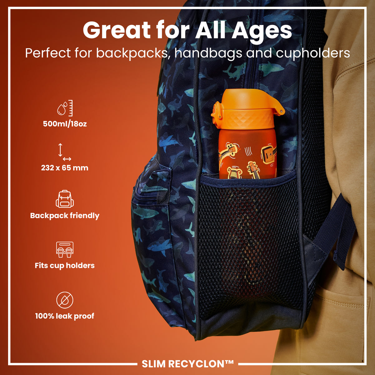 Leak Proof Slim Water Bottle, Recyclon, Music, 500ml (18oz)