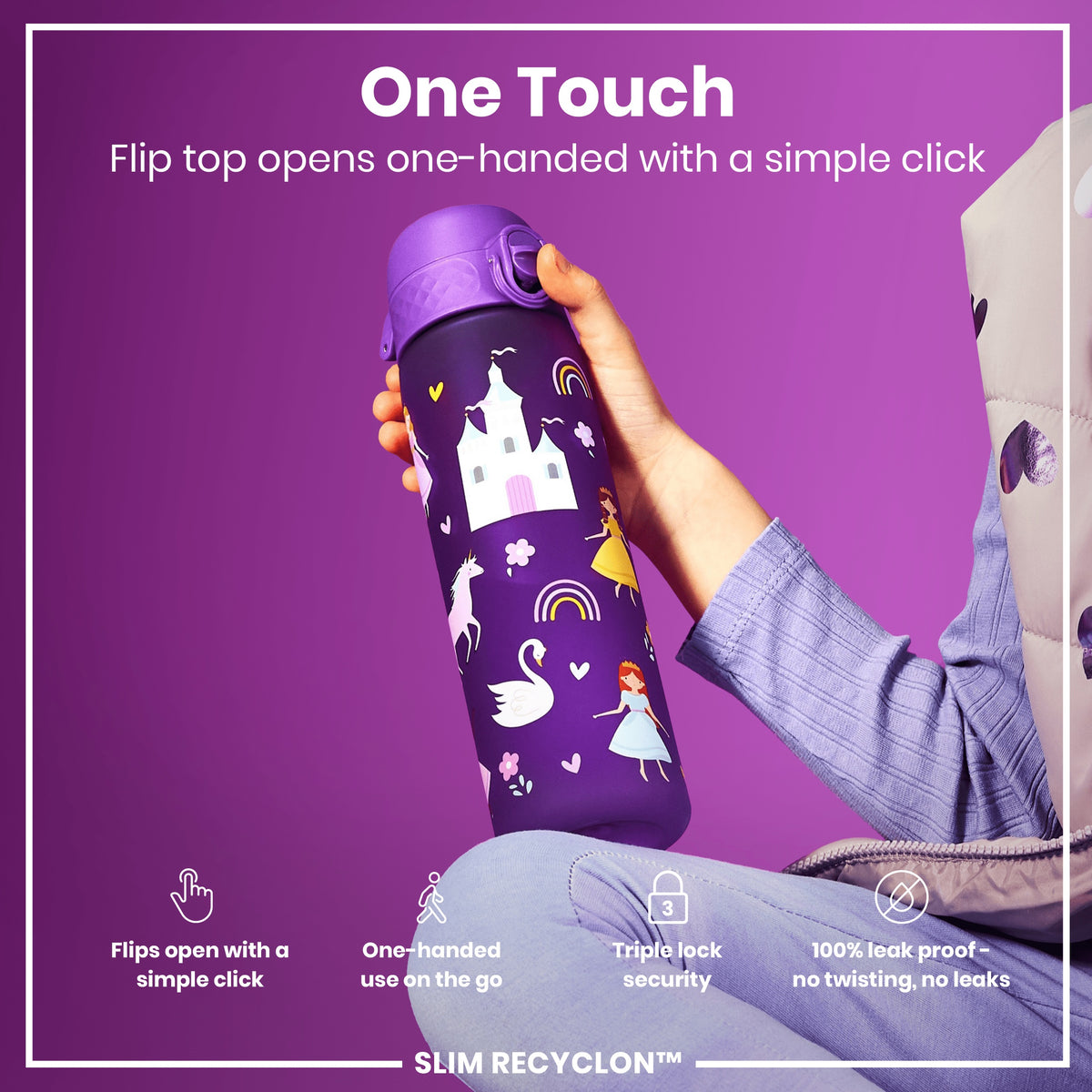 A purple water bottle, featuring a flip top, is being held; a child’s hand operates the bottle’s lid against a purple background. Flip top opens one-handed with a simple click. It is advertised as one-handed, triple lock security, and 100% leak proof. SLIM RECYCLON™.
