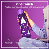 A purple water bottle, featuring a flip top, is being held; a child’s hand operates the bottle’s lid against a purple background. Flip top opens one-handed with a simple click. It is advertised as one-handed, triple lock security, and 100% leak proof. SLIM RECYCLON™.